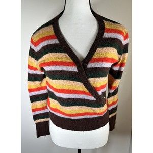 Madewell Womens XXS Brown Faux Wrap Wool Alpaca Blend Sweater Colorful Stripes